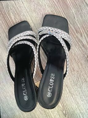 Black Rhinestone Toe-Ring Slide Mules